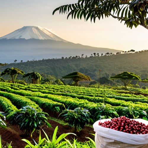 Home 11 **Prompt:** Lush green Tanzanian coffee plantation on the slopes of Kilimanjaro, modern irrigation systems in place, farmers harvesting ripe coffee cherries, bags of coffee beans ready for export in the foreground, snow-capped peak in the background, golden hour lighting, focus on sustainable farming practices.