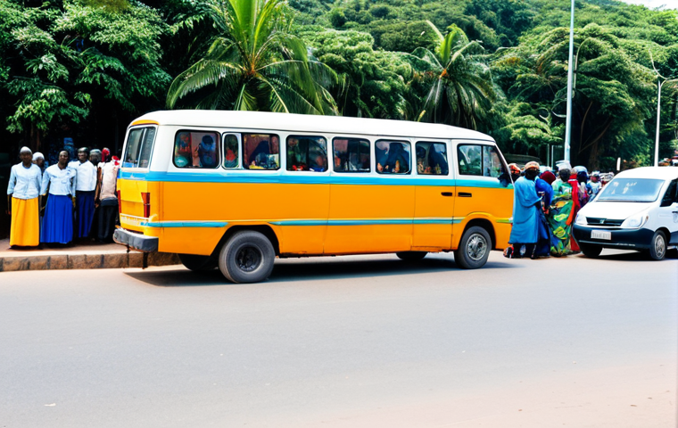 A vibrant, bustling urban scene in Tanzania featuring a brightly colored dala-dala minibus at a designated bus stand. A diverse group of fully clothed Tanzanian people, men and women of various ages, in modest, appropriate attire and professional dress, are engaging with the dala-dala; some are boarding, others are waiting nearby. The background shows other local vehicles and everyday city life under bright daylight. Professional photography, high detail, realistic street scene, natural lighting, safe for work, appropriate content, fully clothed, perfect anatomy, correct proportions, natural pose, well-formed hands, proper finger count, natural body proportions, family-friendly.