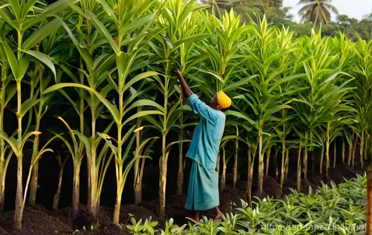 잔지바르 섬의 특산물 - **Prompt:** A vivid, sun-drenched scene on a traditional Zanzibari spice farm. In the foreground, a ...