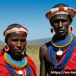 탄자니아의 마사이족 문화 - A vibrant portrait of Maasai men and women dressed in traditional shúkà cloth featuring bright reds,...