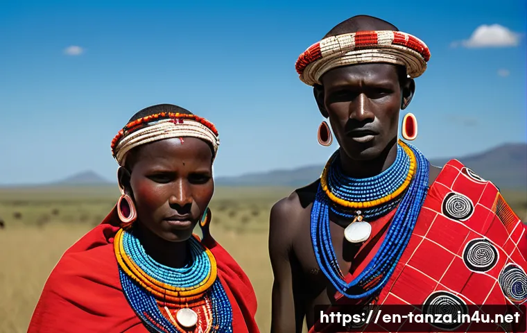 탄자니아의 마사이족 문화 - A vibrant portrait of Maasai men and women dressed in traditional shúkà cloth featuring bright reds,...