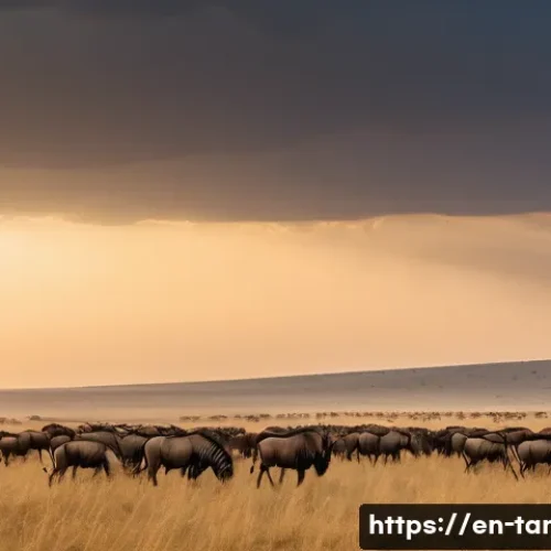 탄자니아 여행의 장단점 - A vast Serengeti landscape at golden hour, showcasing millions of wildebeest, zebras, and gazelles m...