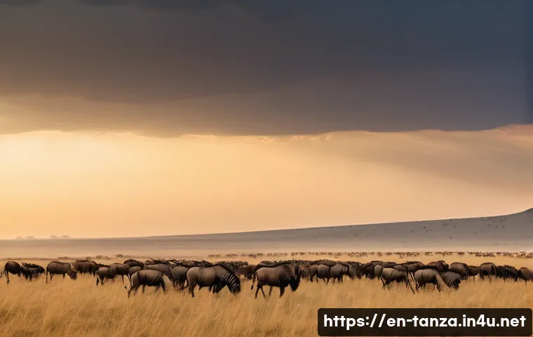 탄자니아 여행의 장단점 - A vast Serengeti landscape at golden hour, showcasing millions of wildebeest, zebras, and gazelles m...