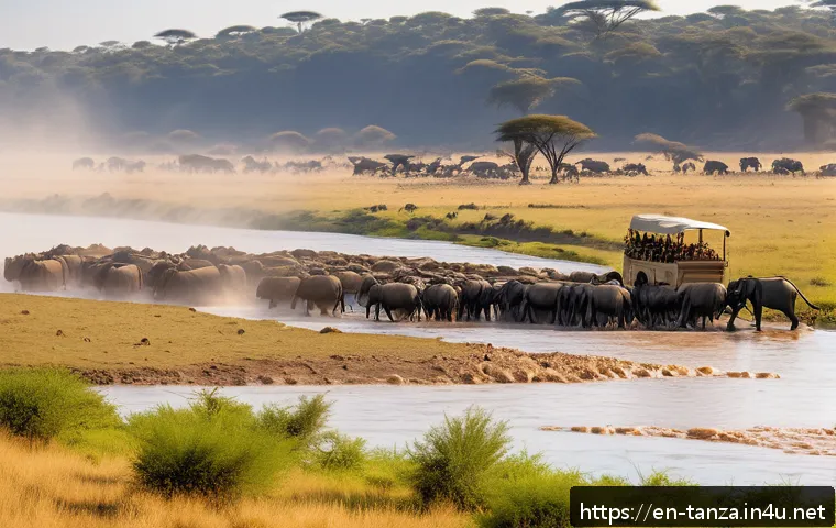 세렝게티 국립공원 여행 팁 - A breathtaking panoramic view of the Serengeti during the Great Migration river crossing at the Mara...