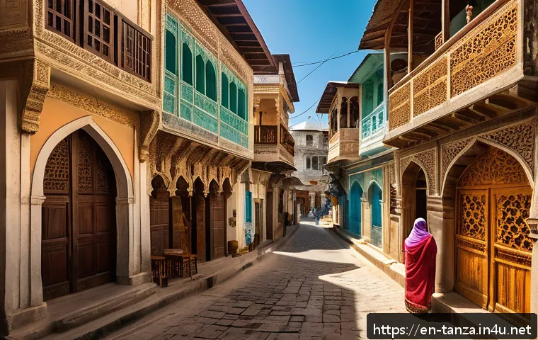 잔지바르 섬의 역사 - A vibrant street scene in Stone Town, Zanzibar, showcasing narrow alleys lined with historic coral s...