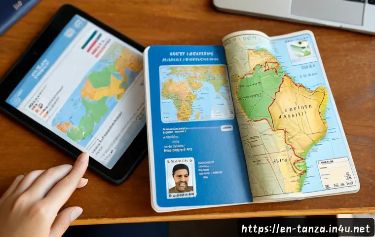 탄자니아 비자 신청 절차 - Photorealistic travel visa application scene, an adult traveler seated at a clean wooden desk organi...