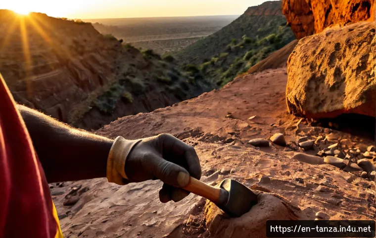 탄자니아에서 발견된 고고학적 유물 - Photorealistic archaeological excavation in Tanzania’s Olduvai Gorge at sunrise, a carefully exposed...